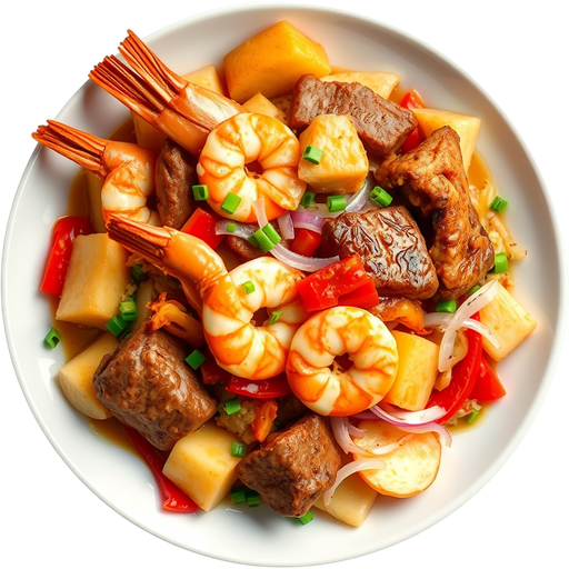 Saltado de Mariscos with Shrimp, Chicken, and Beef dish
