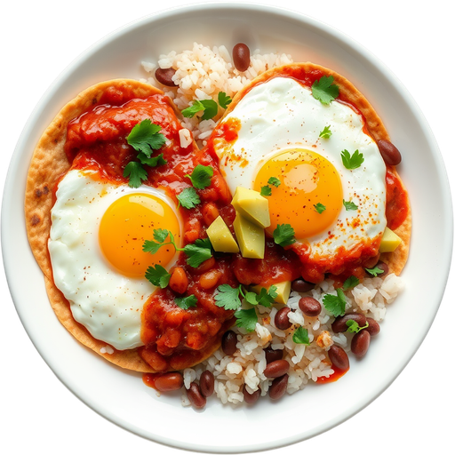 Huevos Rancheros with Beans and Rice dish