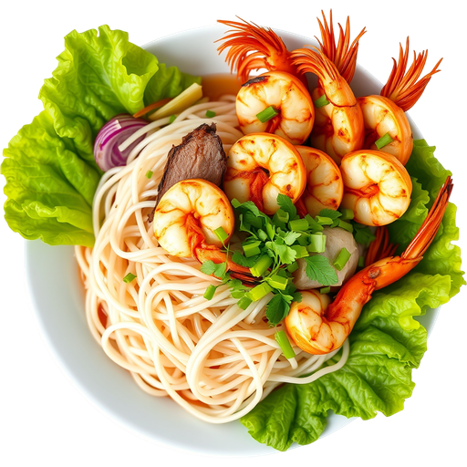 Bun Cha Gio Thit Nuong Tom Nuong Vermicelli noodles with Eggrolls, Grilled Pork, and Grilled Shrimp dish