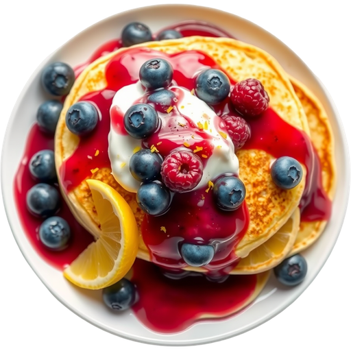 Lemon Blueberry Pancakes with Raspberry Sauce dish
