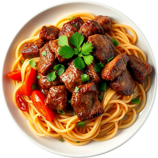 Lomo Saltado Filet Mignon and Garlic Noodles dish