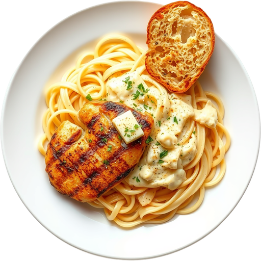 Fettuccini Alfredo Chicken with Garlic Bread dish