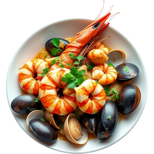 Tiger Shrimp with Clams and Mussels dish
