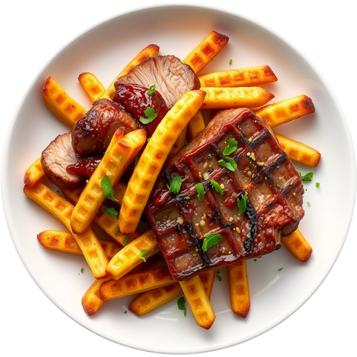 Beef Tallow Waffle Fries Fennel-Garlic Roast Pork dish