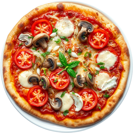 Thick Crust with Mushrooms, Onions, Garlic & Roma Tomatoes dish