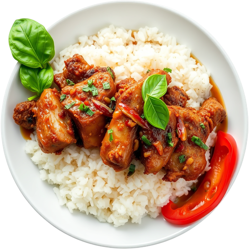 Crispy Pork with Basil over Rice dish