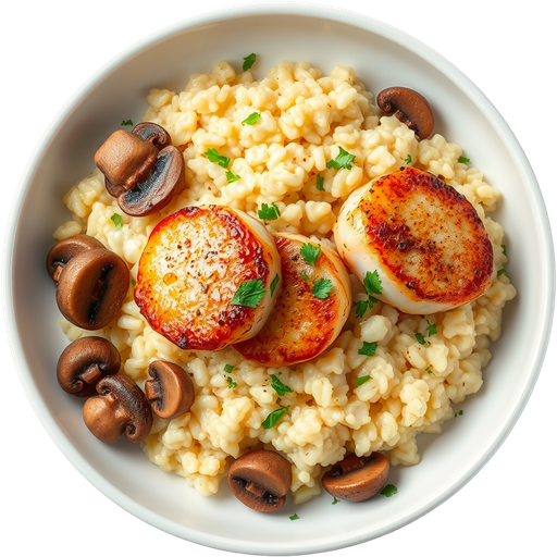Seared Scallops with Mushroom Risotto dish
