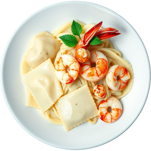 Ravioli Bianco with Shrimp and Lobster Tail dish