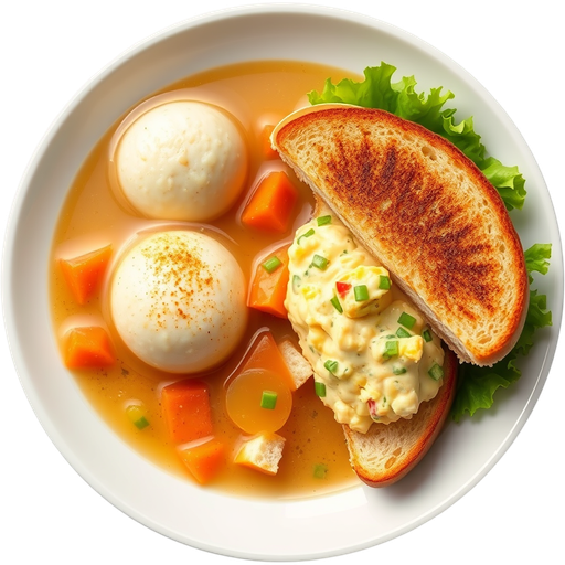 Matzo Ball Soup and Egg Salad Sandwich dish