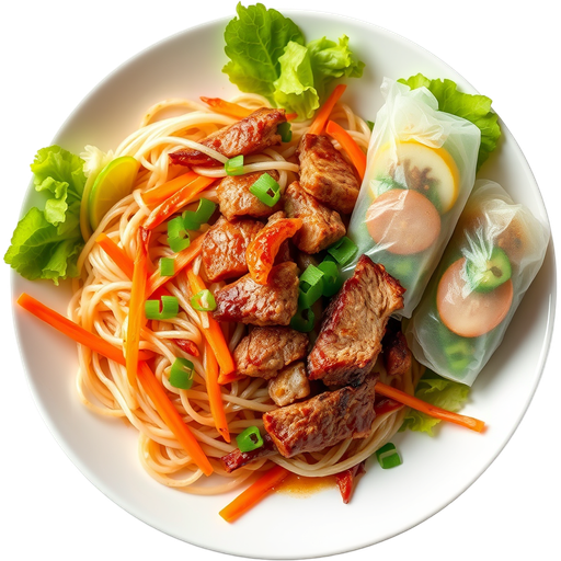 BBQ Pork Vermicelli and Spring Rolls dish
