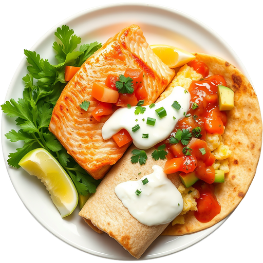 Salmon and Breakfast Burrito dish