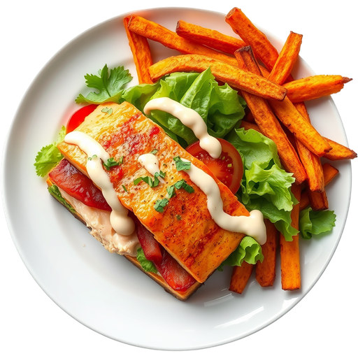 Salmon BLT with Sweet Potato Fries dish