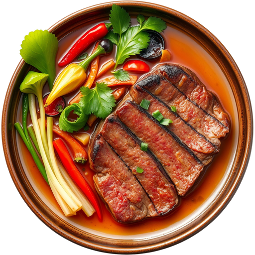 Spicy Broth with Veggies and New York Strip Steak dish