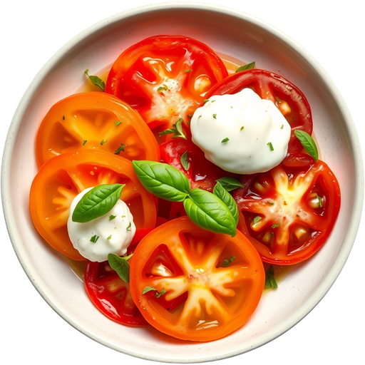 Farmers Market Heirloom Tomatoes, Fresh Burrata, Micro Basil Sprigs dish