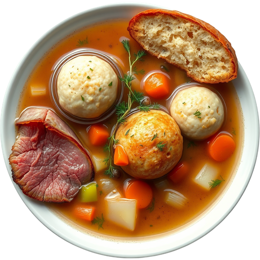 Pastrami and a Matzo Ball Soup dish