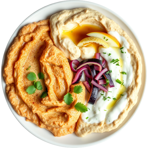 Trio of Hummus, Babaganoush, and Tzatziki dish
