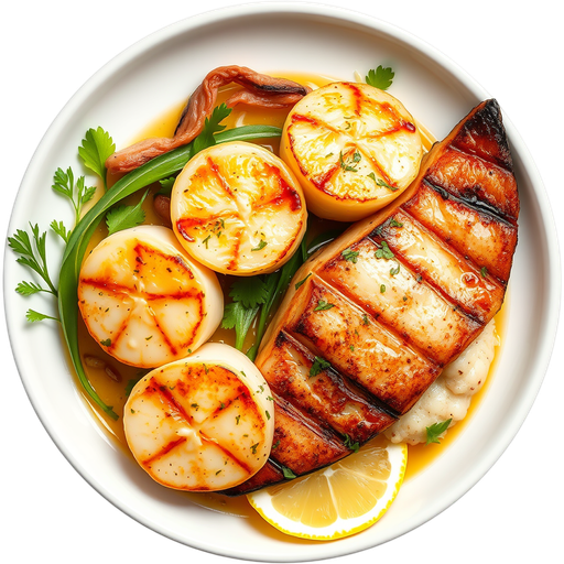 Grilled Scallops and Red Snapper dish