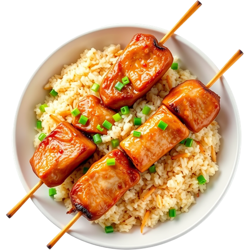 Pork Skewers and Garlic Rice dish